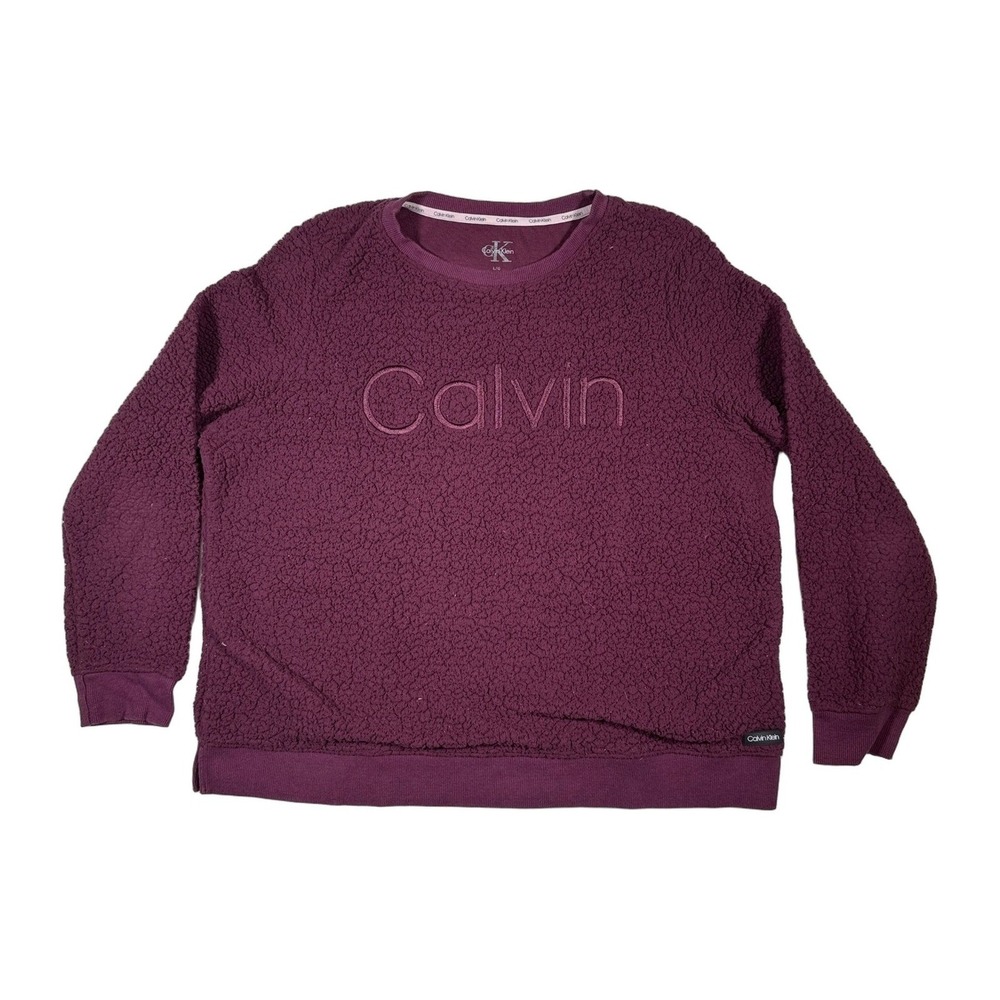 Calvin Klein Burgundy Sherpa Fleece Crewneck Sweatshirt Pullover Logo L G Womens